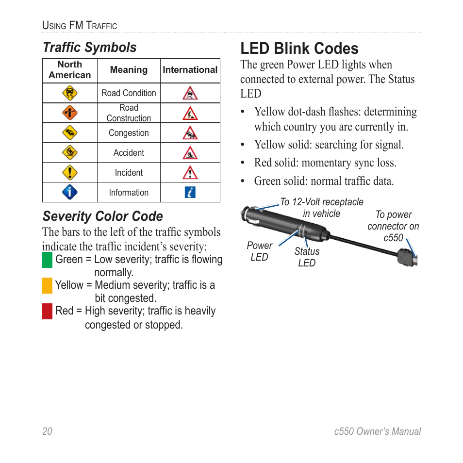 Led blink codes, Traffic symbols, Severity color code | Garmin StreetPilot c550 User Manual | Page 28 / 52