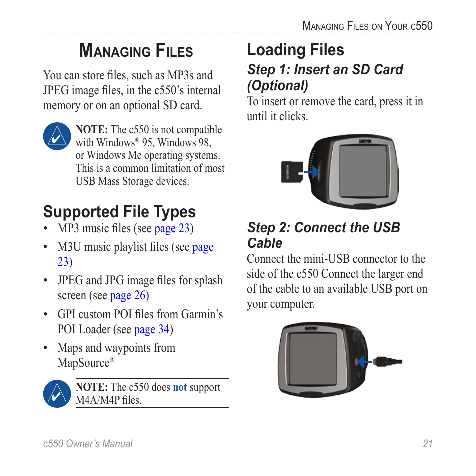 Managing files, Supported file types, Loading files | Garmin StreetPilot c550 User Manual | Page 29 / 52