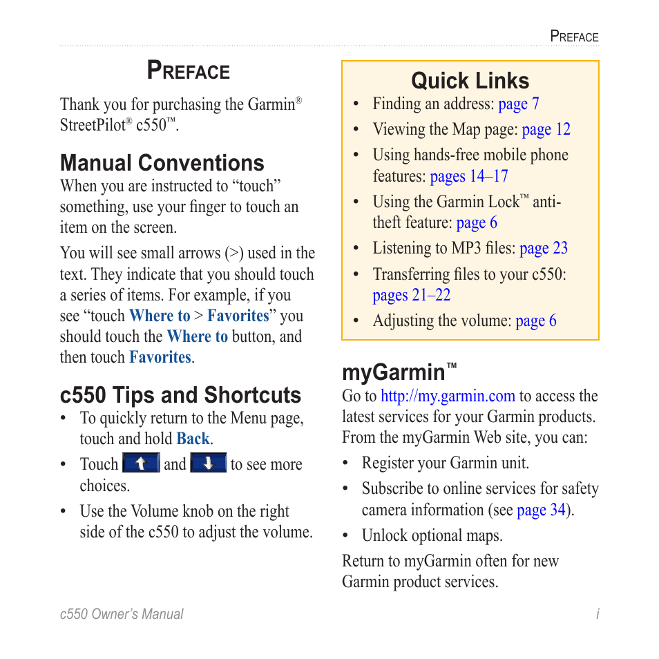 Preface, Manual conventions, C550 tips and shortcuts | Mygarmin, Quick links | Garmin StreetPilot c550 User Manual | Page 3 / 52