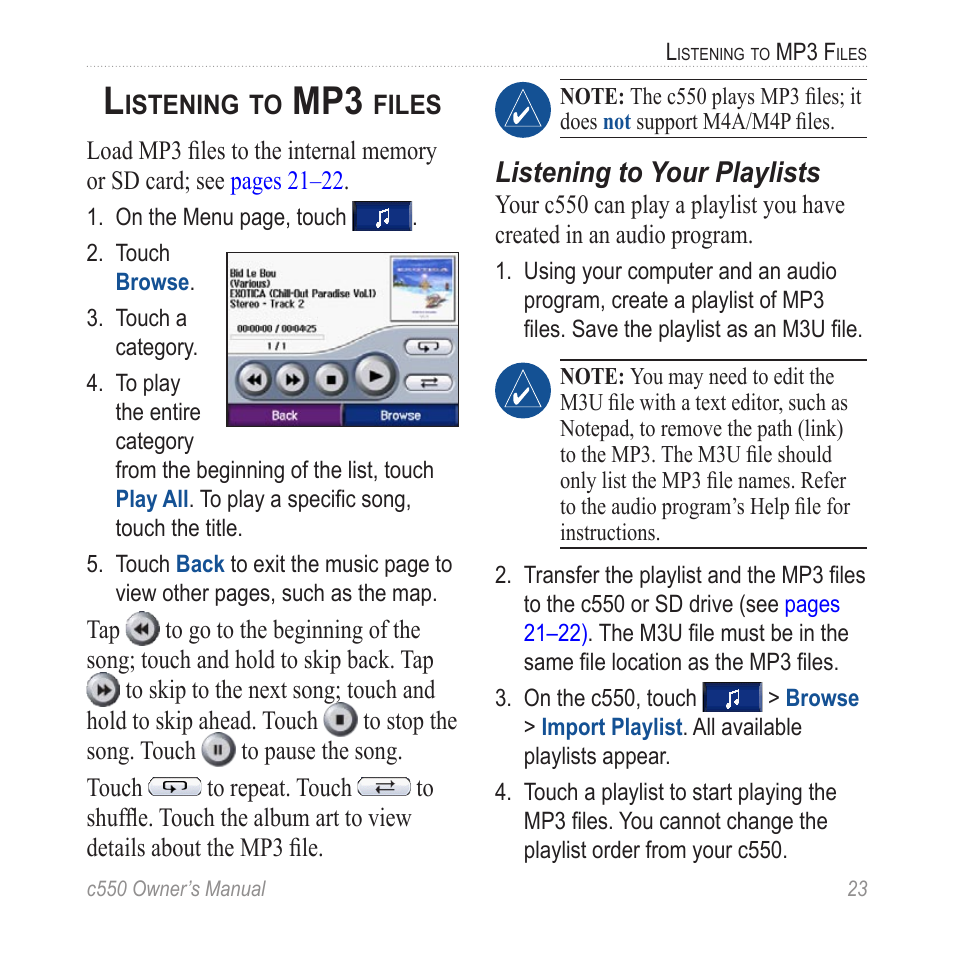 Listening to mp3 files, M3u music playlist files (see | Garmin StreetPilot c550 User Manual | Page 31 / 52