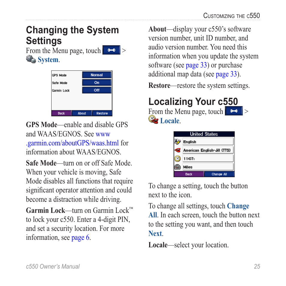 Changing the system settings, Localizing your c550 | Garmin StreetPilot c550 User Manual | Page 33 / 52