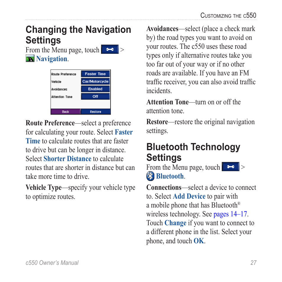 Changing the navigation settings, Bluetooth technology settings | Garmin StreetPilot c550 User Manual | Page 35 / 52