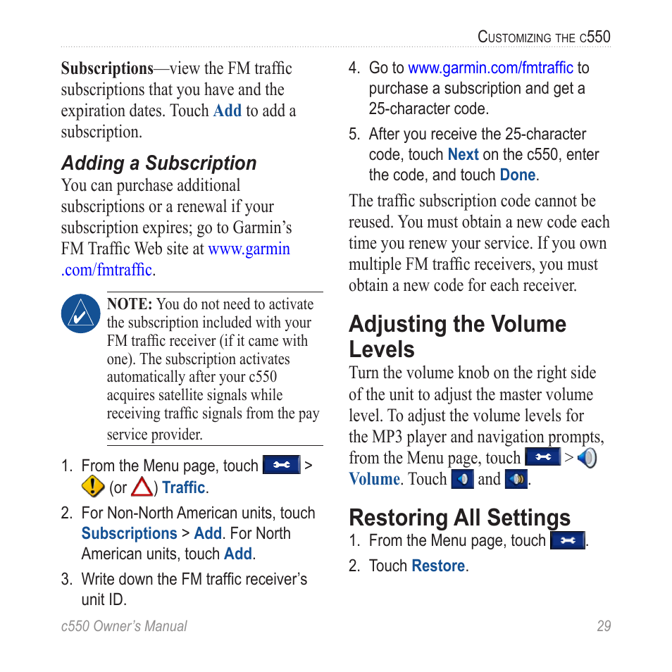 Adjusting the volume levels, Restoring all settings | Garmin StreetPilot c550 User Manual | Page 37 / 52