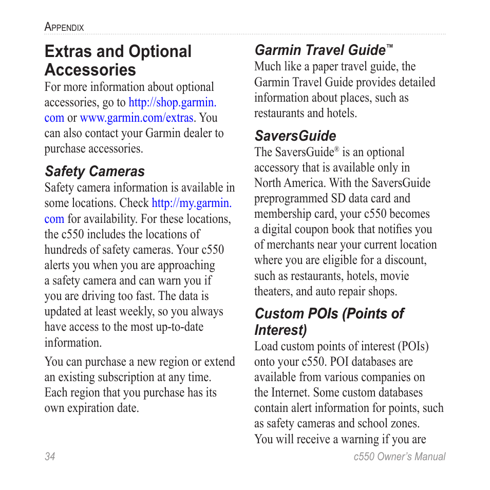 Extras and optional accessories, Camera information (see | Garmin StreetPilot c550 User Manual | Page 42 / 52