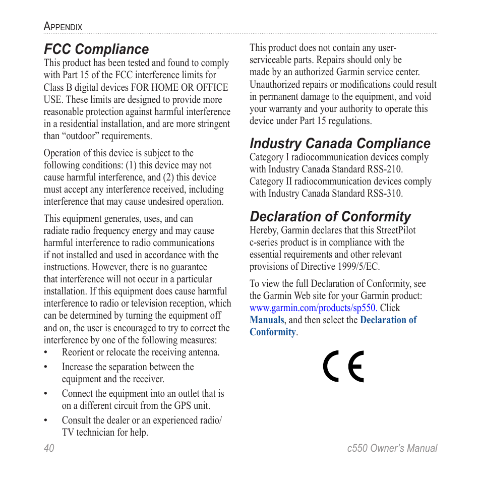 Fcc compliance, Industry canada compliance, Declaration of conformity | Garmin StreetPilot c550 User Manual | Page 48 / 52