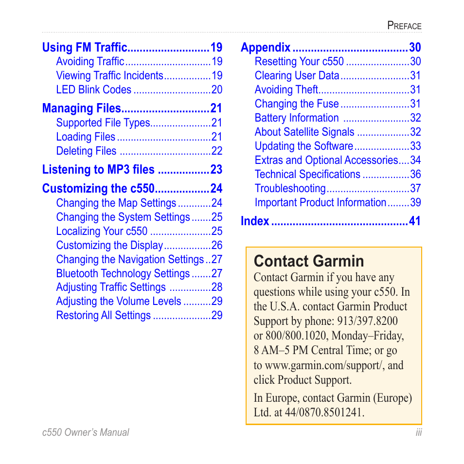 Contact garmin, Contact garmin ............................... iii | Garmin StreetPilot c550 User Manual | Page 5 / 52