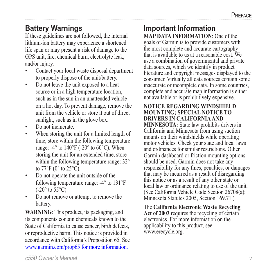 Battery warnings, Important information | Garmin StreetPilot c550 User Manual | Page 7 / 52