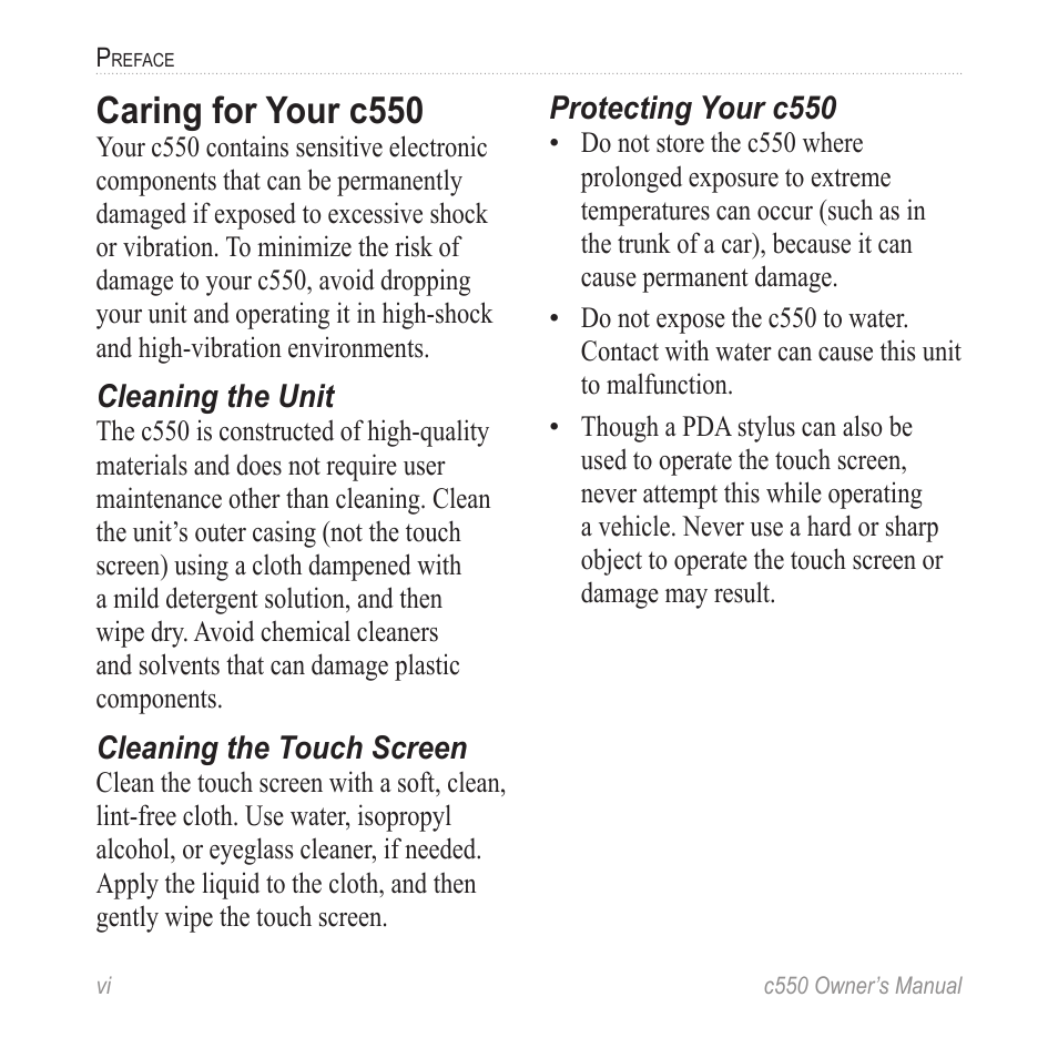 Caring for your c550, Caring for your c550 ....................... vi | Garmin StreetPilot c550 User Manual | Page 8 / 52