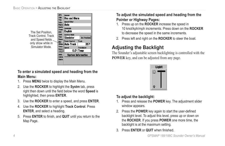 Adjusting the backlight | Garmin GPSMAP 188C Sounder User Manual | Page 10 / 126