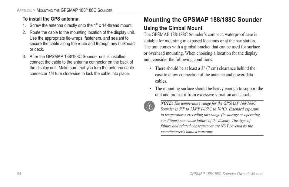 Mounting the gpsmap 188/188c sounder | Garmin GPSMAP 188C Sounder User Manual | Page 100 / 126