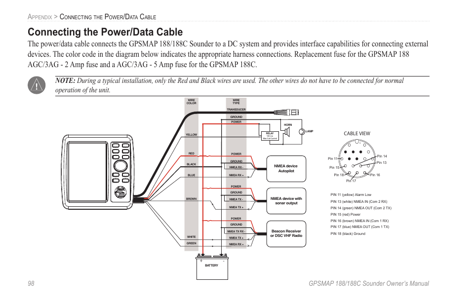 Connecting the power/data cable | Garmin GPSMAP 188C Sounder User Manual | Page 104 / 126