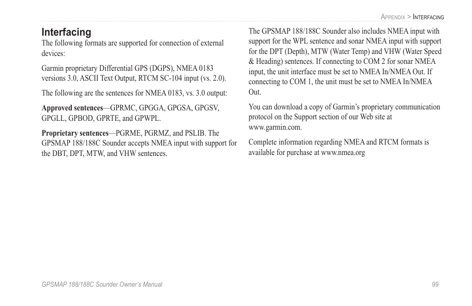 Interfacing | Garmin GPSMAP 188C Sounder User Manual | Page 105 / 126