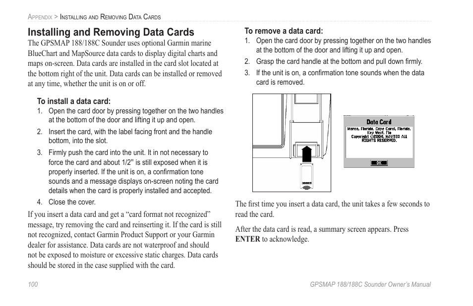 Installing and removing data cards | Garmin GPSMAP 188C Sounder User Manual | Page 106 / 126