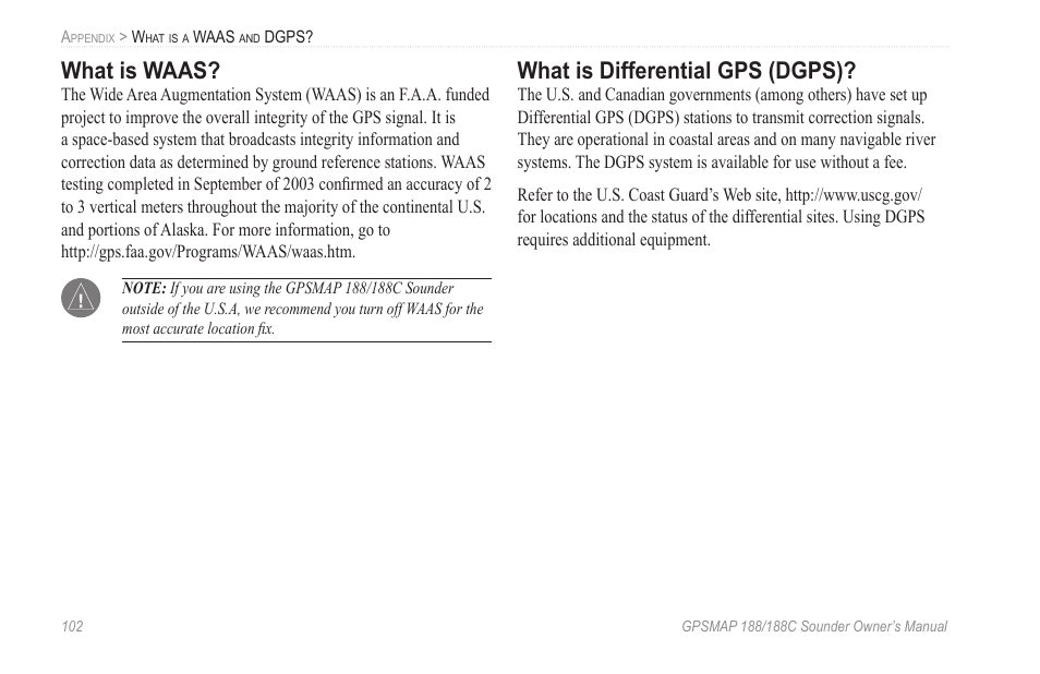 What is waas, What is differential gps (dgps) | Garmin GPSMAP 188C Sounder User Manual | Page 108 / 126