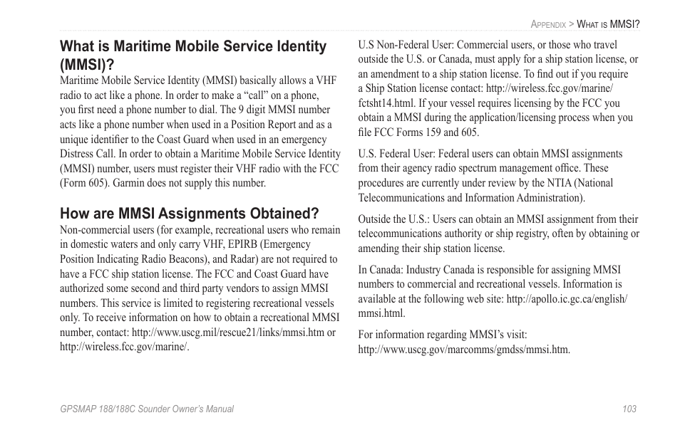 What is maritime mobile service identity (mmsi), How are mmsi assignments obtained | Garmin GPSMAP 188C Sounder User Manual | Page 109 / 126