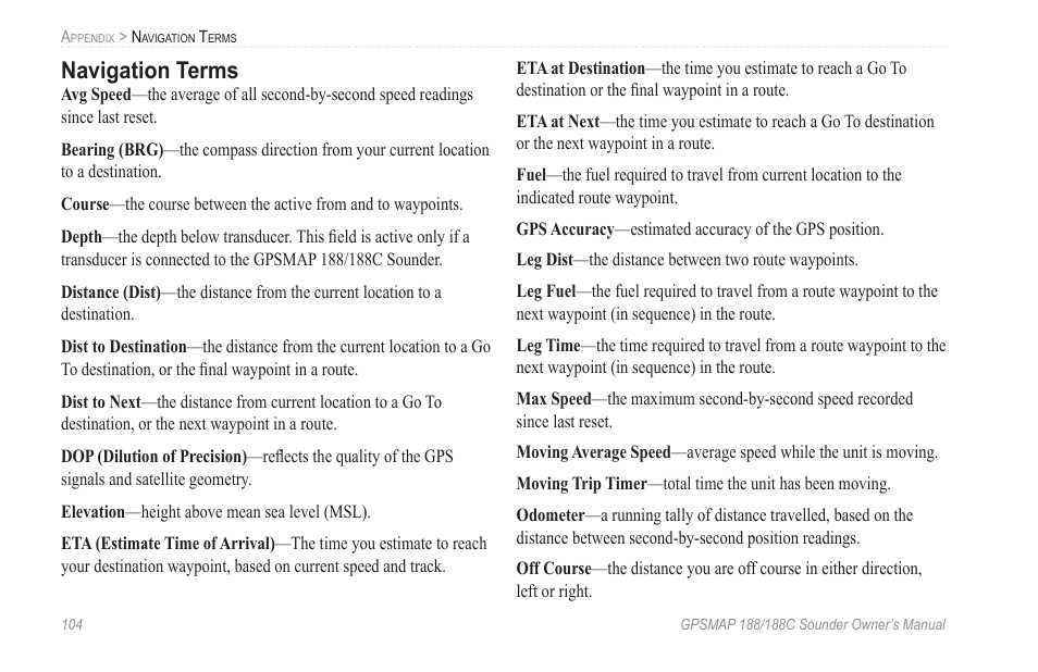 Navigation terms | Garmin GPSMAP 188C Sounder User Manual | Page 110 / 126