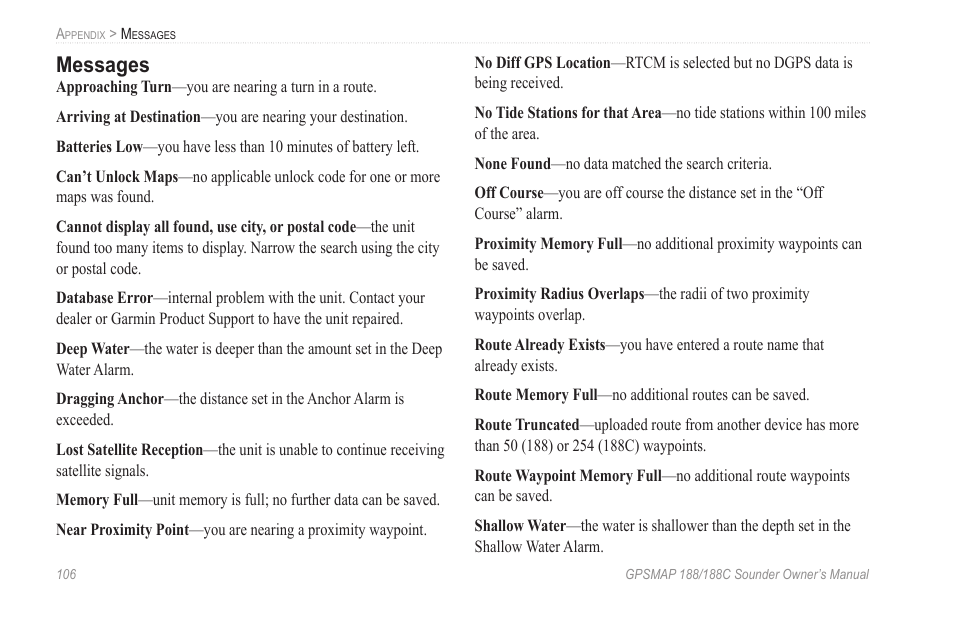 Messages | Garmin GPSMAP 188C Sounder User Manual | Page 112 / 126