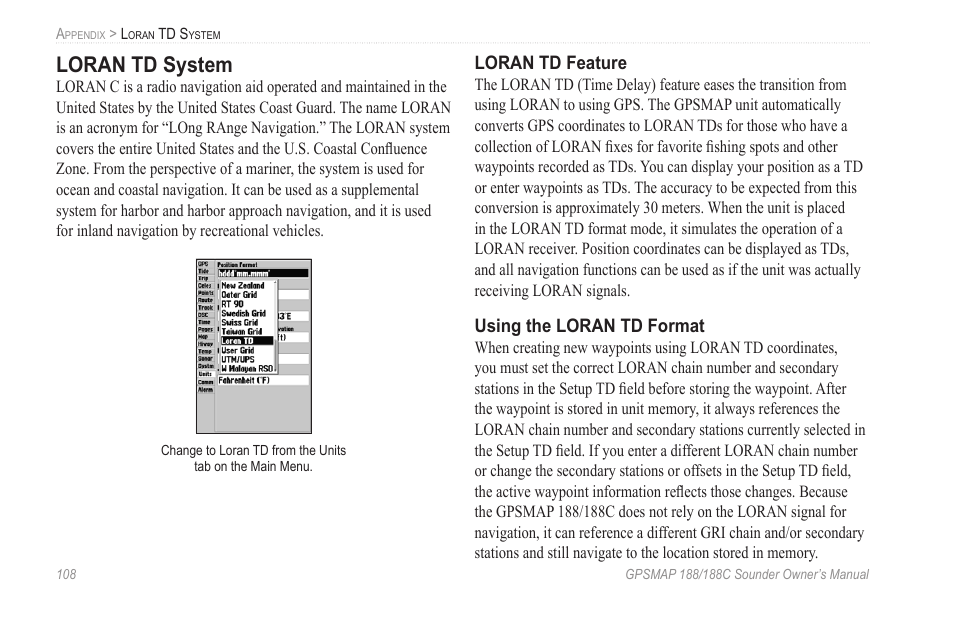 Loran td system | Garmin GPSMAP 188C Sounder User Manual | Page 114 / 126