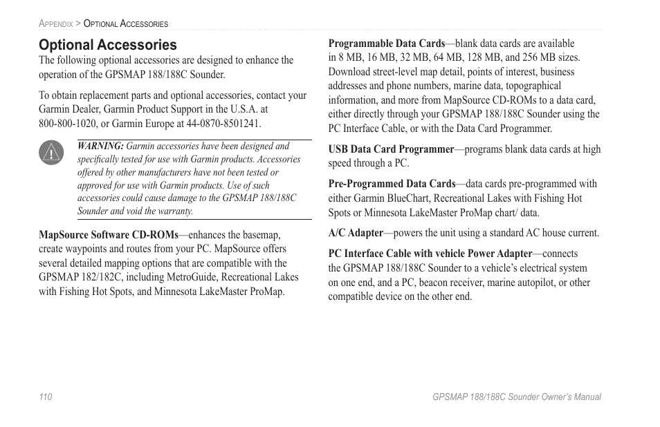 Optional accessories | Garmin GPSMAP 188C Sounder User Manual | Page 116 / 126