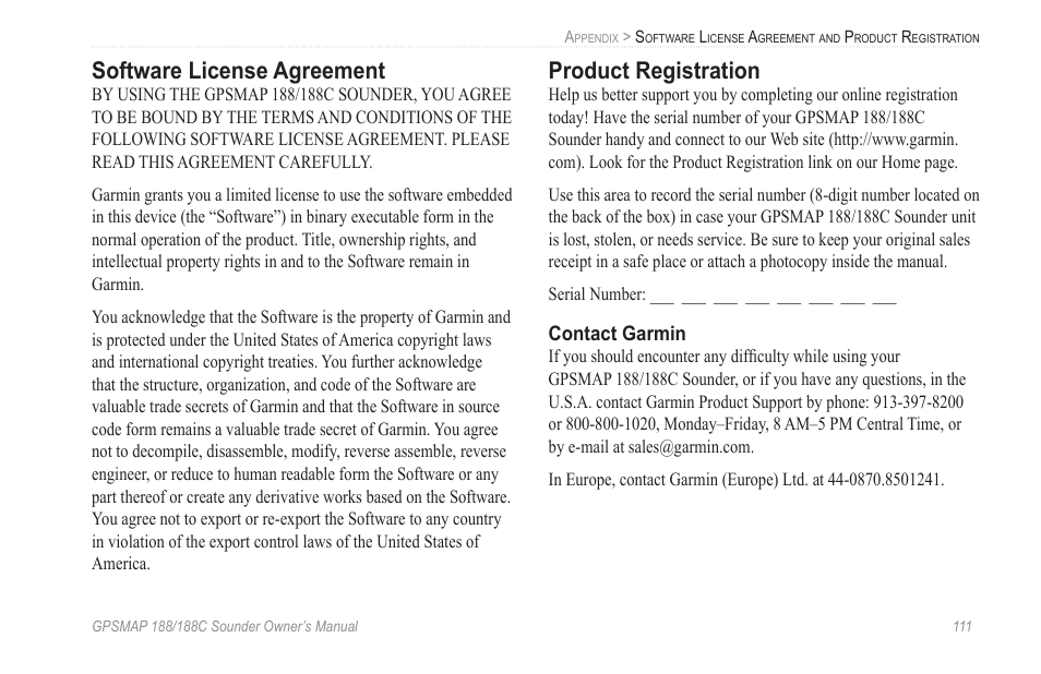 Software license agreement, Product registration | Garmin GPSMAP 188C Sounder User Manual | Page 117 / 126