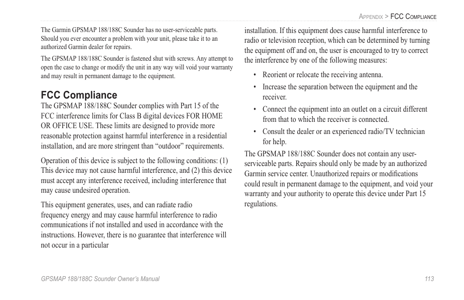 Fcc compliance | Garmin GPSMAP 188C Sounder User Manual | Page 119 / 126