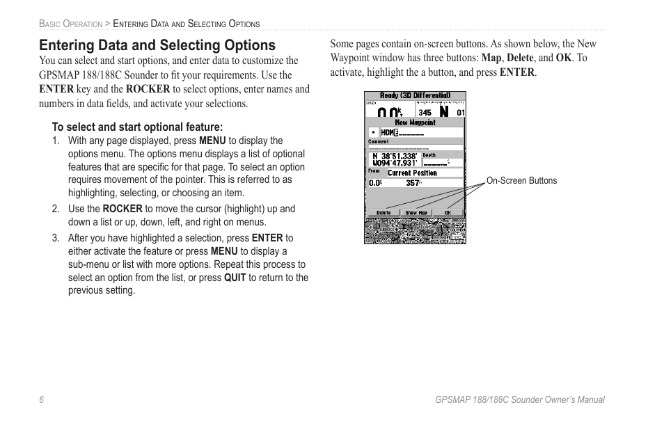 Entering data and selecting options | Garmin GPSMAP 188C Sounder User Manual | Page 12 / 126