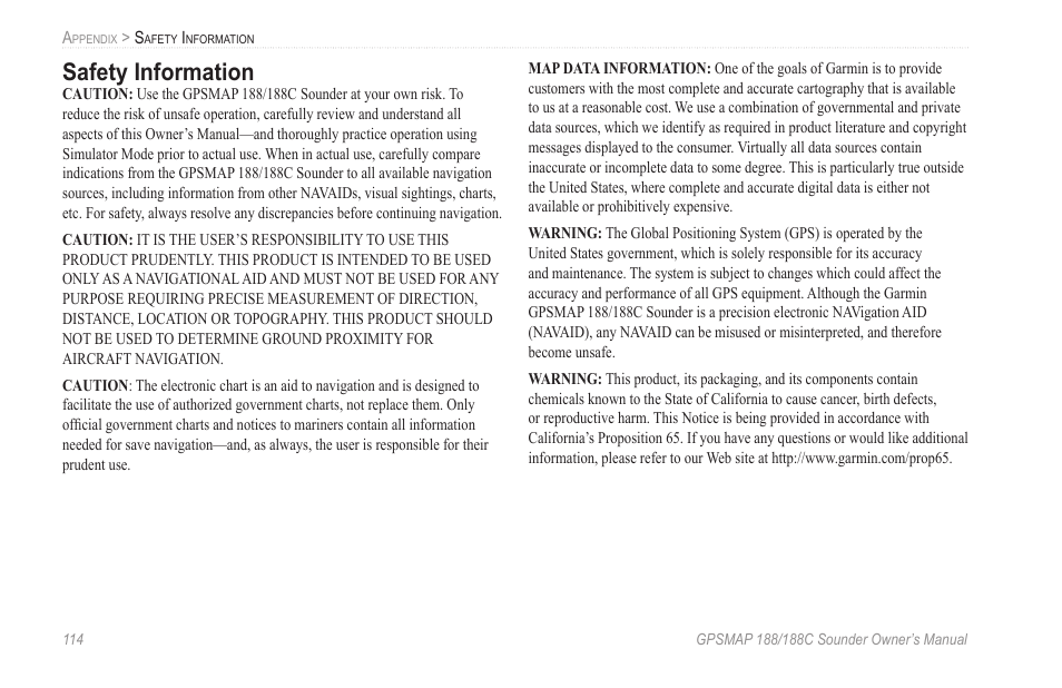 Safety information | Garmin GPSMAP 188C Sounder User Manual | Page 120 / 126