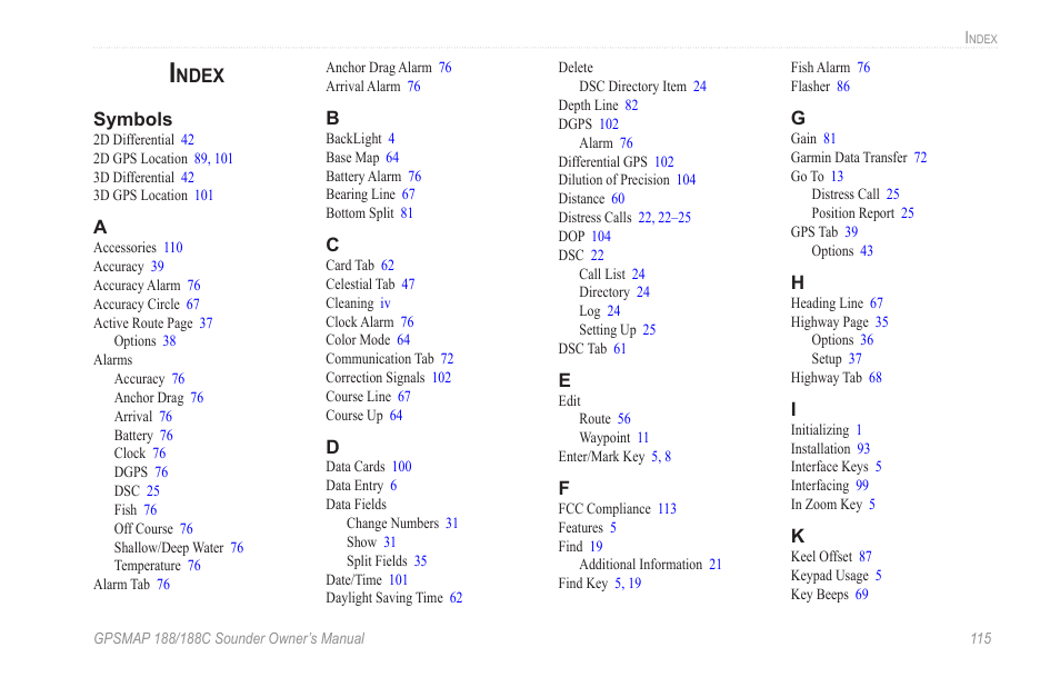 Index, Ndex | Garmin GPSMAP 188C Sounder User Manual | Page 121 / 126