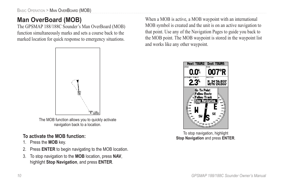 Man overboard (mob) | Garmin GPSMAP 188C Sounder User Manual | Page 16 / 126