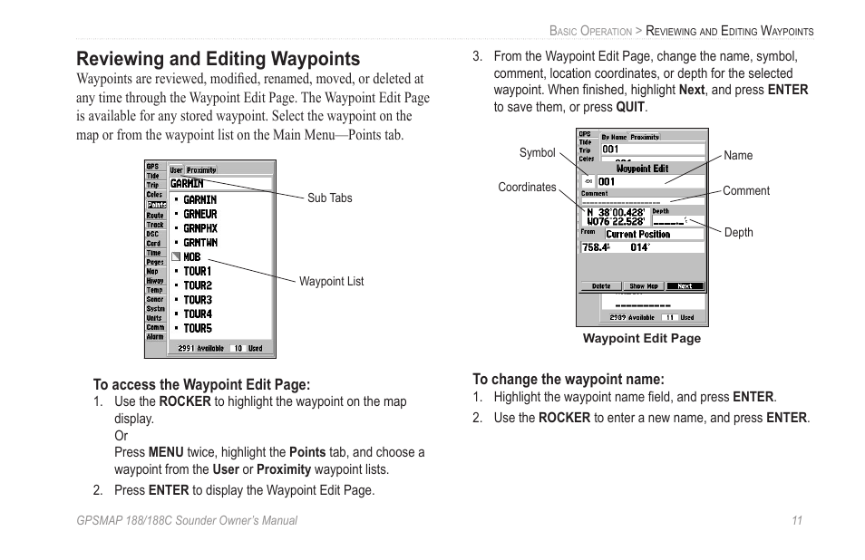 Reviewing and editing waypoints | Garmin GPSMAP 188C Sounder User Manual | Page 17 / 126