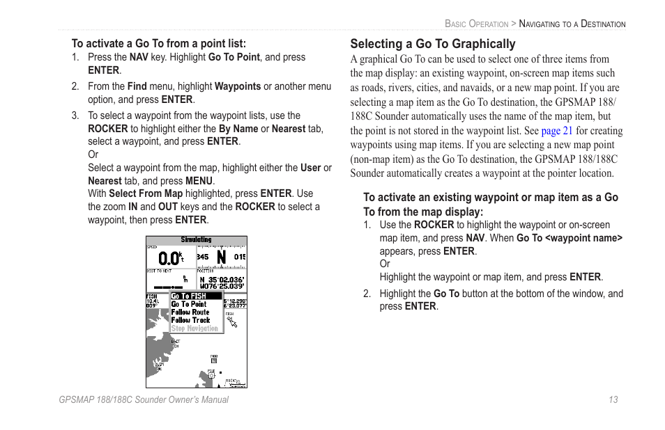 Selecting a go to graphically | Garmin GPSMAP 188C Sounder User Manual | Page 19 / 126