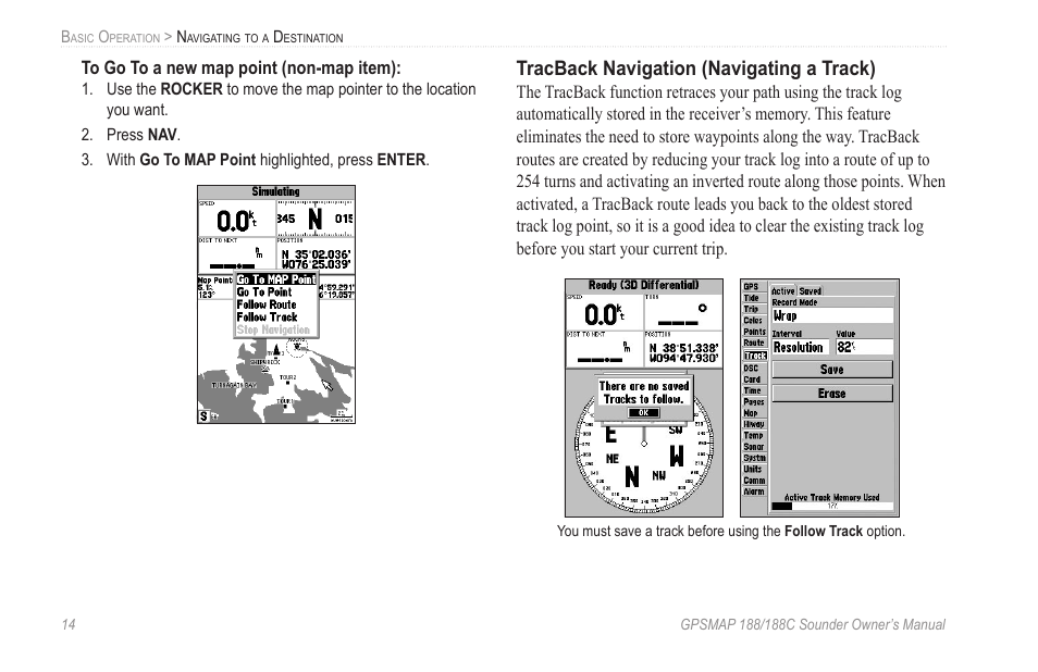 Tracback navigation (navigating a track) | Garmin GPSMAP 188C Sounder User Manual | Page 20 / 126