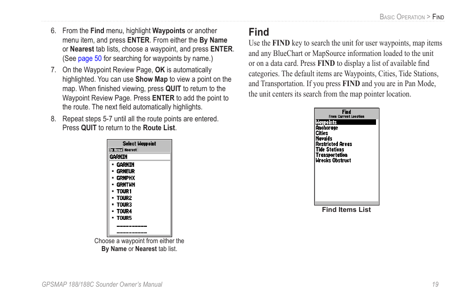 Find | Garmin GPSMAP 188C Sounder User Manual | Page 25 / 126