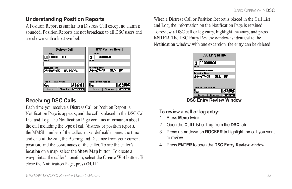 Understanding position reports, Receiving dsc calls | Garmin GPSMAP 188C Sounder User Manual | Page 29 / 126