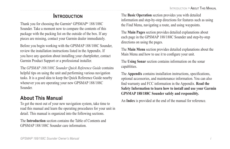 Introduction, About this manual | Garmin GPSMAP 188C Sounder User Manual | Page 3 / 126