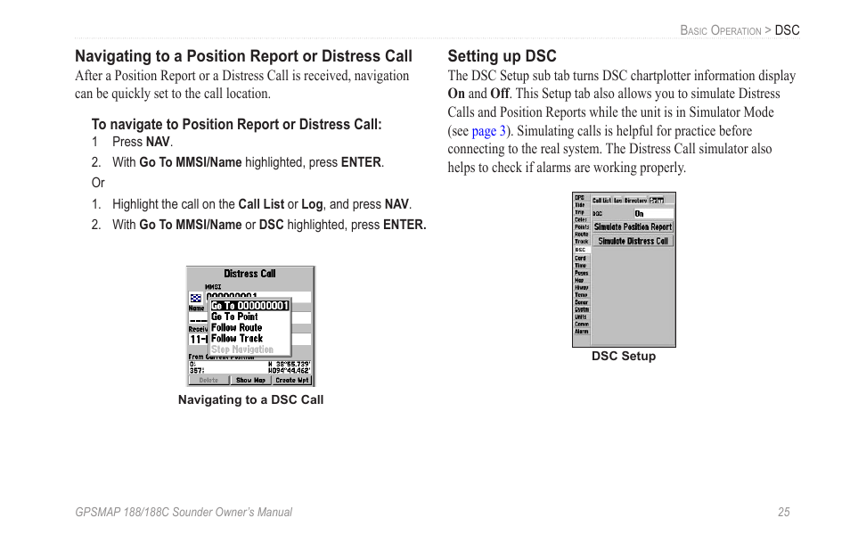 Navigating to a position report or distress call, Setting up dsc | Garmin GPSMAP 188C Sounder User Manual | Page 31 / 126