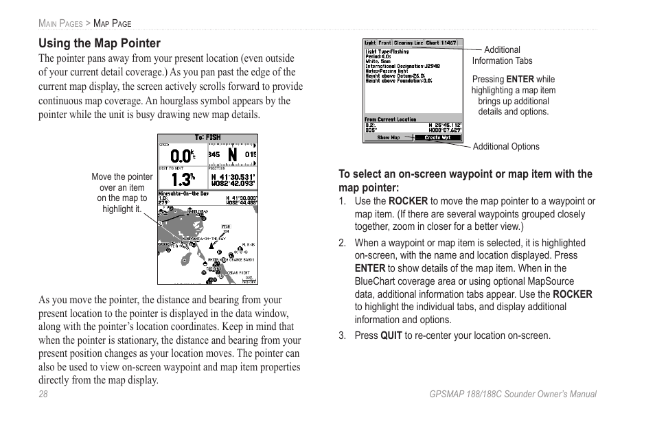 Using the map pointer | Garmin GPSMAP 188C Sounder User Manual | Page 34 / 126