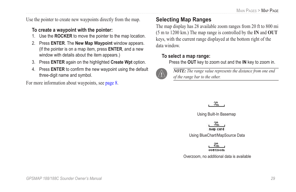 Selecting map ranges | Garmin GPSMAP 188C Sounder User Manual | Page 35 / 126