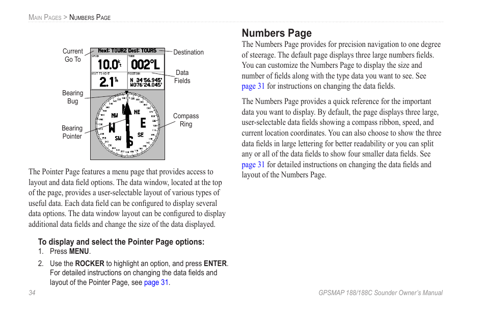 Numbers page | Garmin GPSMAP 188C Sounder User Manual | Page 40 / 126