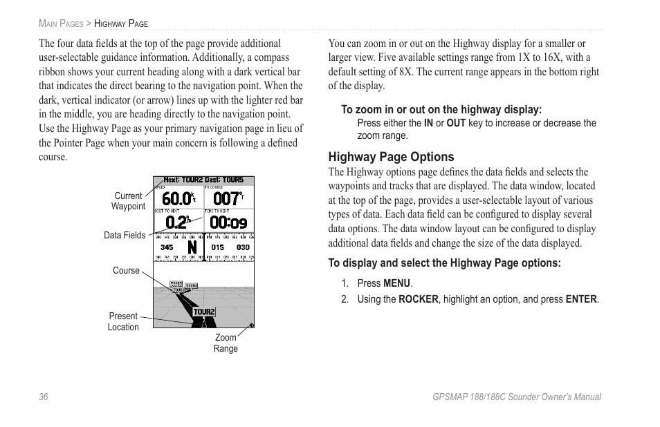 Highway page options | Garmin GPSMAP 188C Sounder User Manual | Page 42 / 126