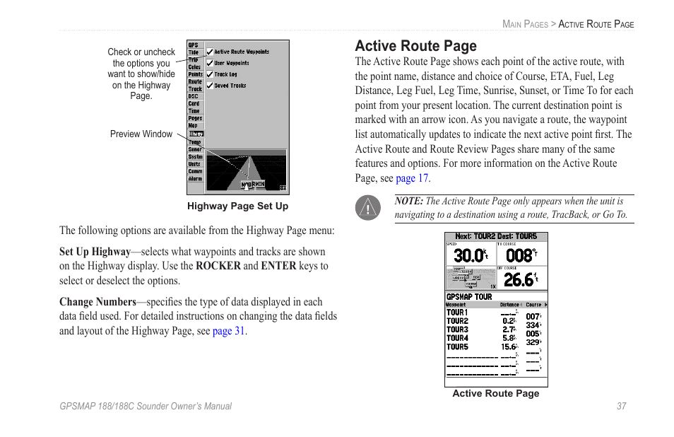 Active route page | Garmin GPSMAP 188C Sounder User Manual | Page 43 / 126