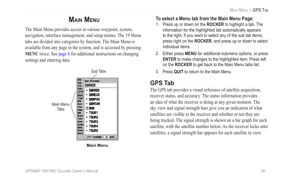 Main menu, Gps tab | Garmin GPSMAP 188C Sounder User Manual | Page 45 / 126