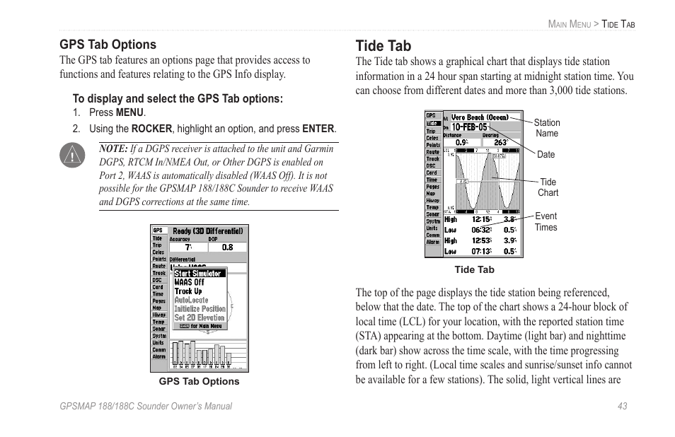 Tide tab, Gps tab options | Garmin GPSMAP 188C Sounder User Manual | Page 49 / 126