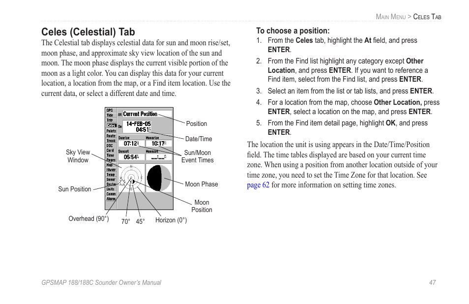 Celes (celestial) tab | Garmin GPSMAP 188C Sounder User Manual | Page 53 / 126