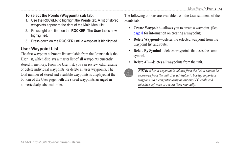 User waypoint list | Garmin GPSMAP 188C Sounder User Manual | Page 55 / 126