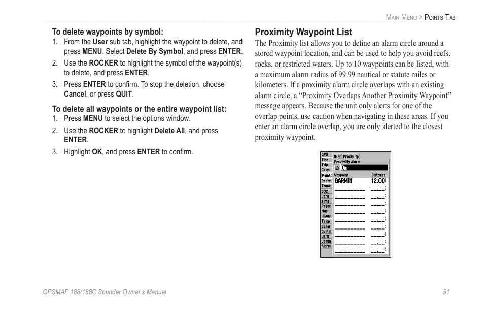 Proximity waypoint list | Garmin GPSMAP 188C Sounder User Manual | Page 57 / 126