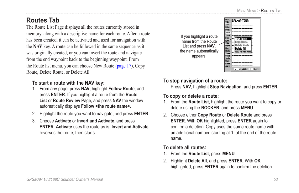 Routes tab | Garmin GPSMAP 188C Sounder User Manual | Page 59 / 126