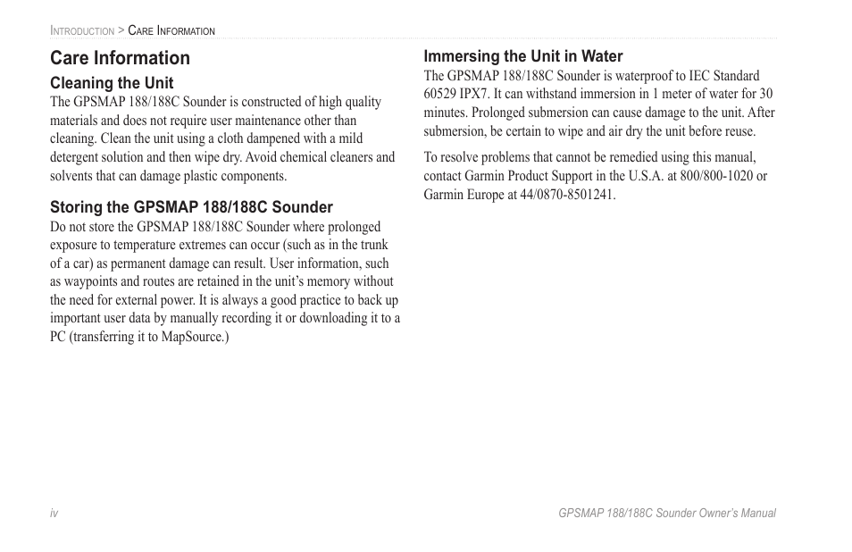Care information | Garmin GPSMAP 188C Sounder User Manual | Page 6 / 126
