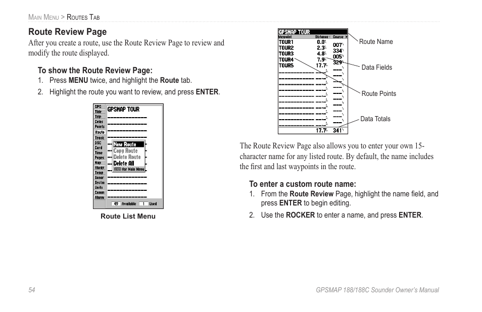 Route review page | Garmin GPSMAP 188C Sounder User Manual | Page 60 / 126