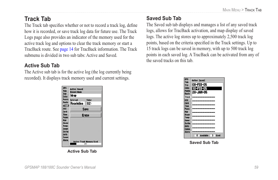 Track tab | Garmin GPSMAP 188C Sounder User Manual | Page 65 / 126